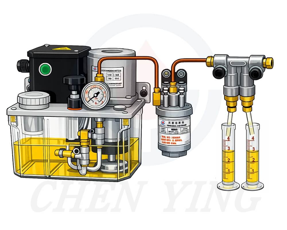 電動脫壓注油機搭配過濾器與容積式分配器配管圖