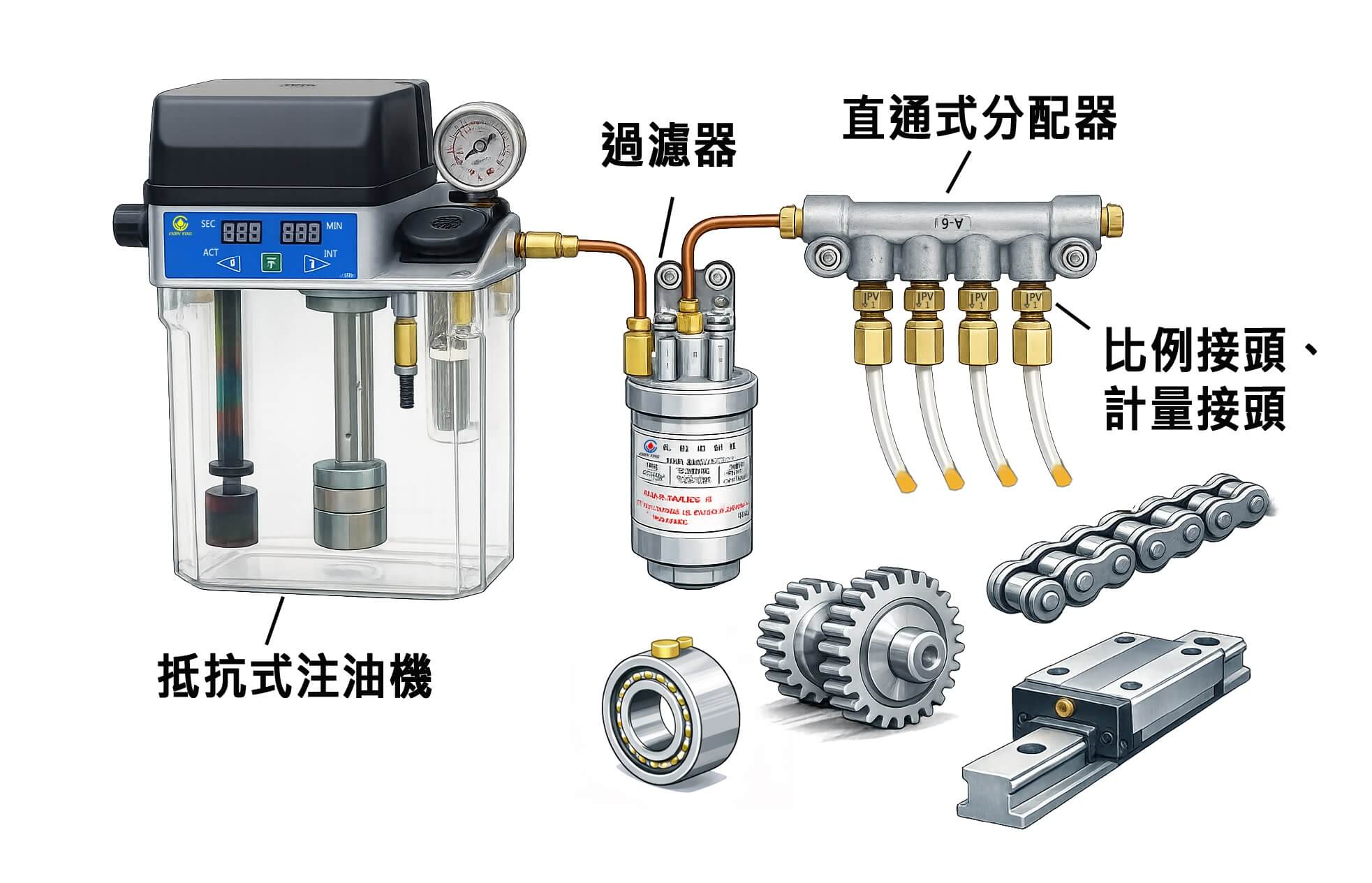 抵抗式注油機、過濾器、直通式分配器及各潤滑點的管路配置示意